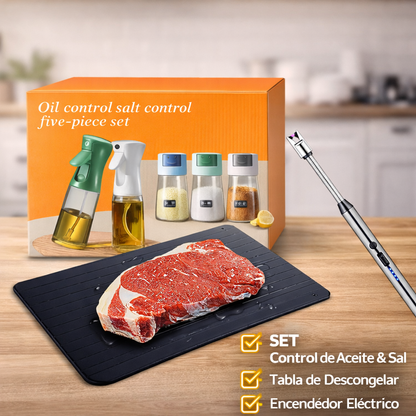 Combo de Cocina: Con Dispensador de Aceites y Condimentos + Tabla de Descongelar Carnes y Encendedor Inteligente GRATIS