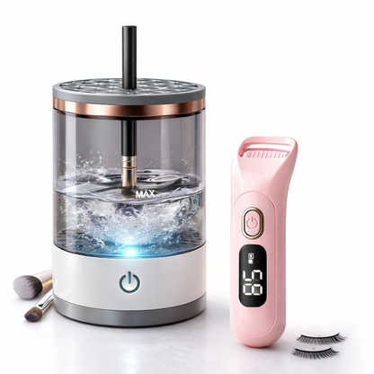 Combo Lavadora de Brochas y Rizador de Pestañas Eléctrico + Gorro de Satín GRATIS